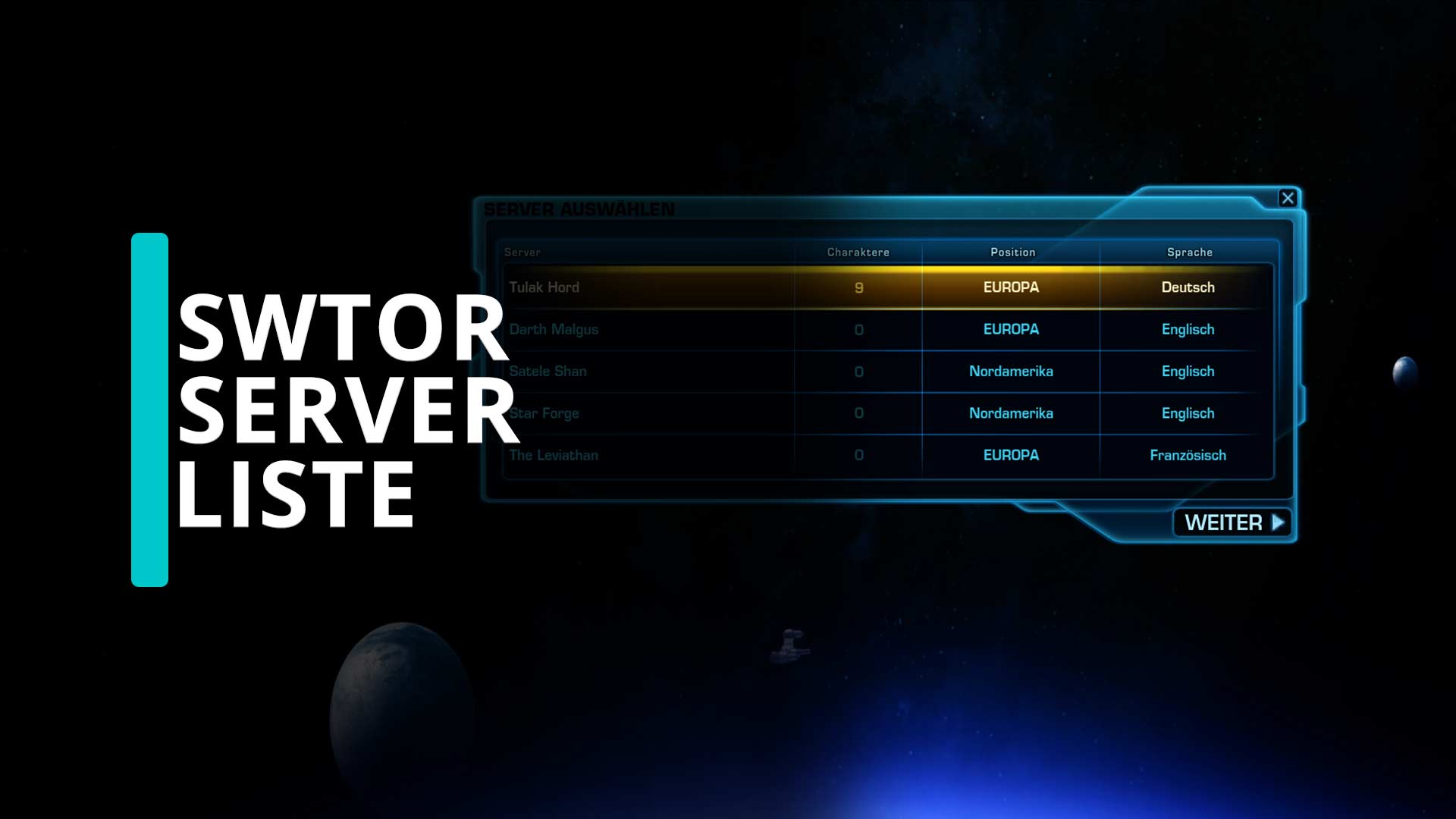 SWTOR Server Liste